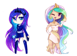 Size: 1600x1169 | Tagged: safe, artist:magnaluna, derpibooru import, princess celestia, princess luna, human, chibi, clothes, dress, fire, humanized, wink