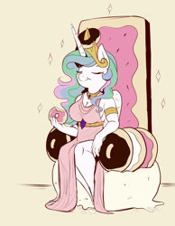 Size: 2000x2578 | Tagged: safe, artist:evehly, derpibooru import, princess celestia, anthro, bread, breasts, cleavage, donut, donutlestia, eyes closed, female, food, pastry, side slit, smiling, solo, throne