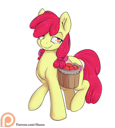 Size: 1350x1500 | Tagged: safe, artist:alasou, derpibooru import, apple bloom, apple, food, looking at you, older, patreon, patreon logo, saddle bag, simple background, smirk, solo, transparent background