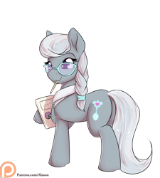 Size: 1350x1500 | Tagged: safe, artist:alasou, derpibooru import, silver spoon, earth pony, pony, female, mare, mouth hold, older, older silver spoon, patreon, patreon logo, pen, simple background, solo, transparent background