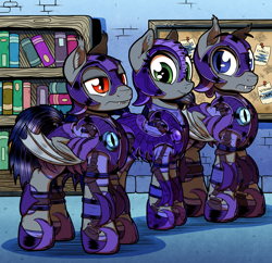 Size: 2676x2595 | Tagged: safe, artist:gray--day, oc, oc only, oc:adamant, oc:pun, oc:westwood, bat pony, pony, armor, book, commission, night guard, one of these things is not like the others, shelves