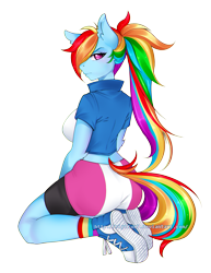 Size: 2550x3300 | Tagged: safe, artist:slyblue7, derpibooru import, rainbow dash, anthro, plantigrade anthro, ass, breasts, clothes, compression shorts, converse, equestria girls outfit, female, fetish, high res, kneeling, midriff, ponytail, rainboob dash, rear view, shoes, shorts, skirt, sneakers, sneakers fetish, socks, solo, tail