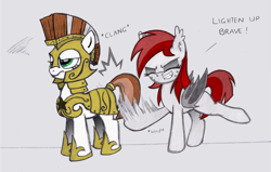 Size: 2085x1325 | Tagged: safe, artist:lockerobster, oc, oc:brave, oc:vannie, bat pony, pony, 4chan, annoyed, booty slap, royal guard