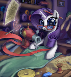 Size: 1839x2000 | Tagged: safe, artist:inowiseei, derpibooru import, rarity, pony, unicorn, drawing, fabric, glasses, looking at you, magic, mannequin, needle, pen, scissors, sewing machine, solo, thread, wide eyes