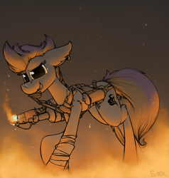 Size: 1005x1055 | Tagged: safe, artist:sinrar, derpibooru import, oc, oc only, oc:sizzle, fallout equestria, earring, fire, flamethrower, piercing, solo, weapon