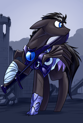 Size: 1181x1748 | Tagged: safe, artist:underpable, oc, oc only, oc:ebonheart, bat pony, pony, armor, night guard, solo, sword, weapon