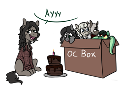 Size: 977x711 | Tagged: safe, artist:redxbacon, derpibooru import, oc, oc only, oc:nikita, oc:nips, oc:rem, oc:tija, original species, pony, snake pony, birthday, box, cake, dialogue, food, pony in a box