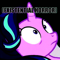 Size: 1366x1366 | Tagged: safe, edit, edited screencap, screencap, starlight glimmer, pony, every little thing she does, caption, existential crisis, female, mare, meme, solo, wide eyes