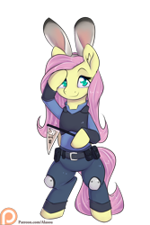 Size: 1200x1800 | Tagged: safe, artist:alasou, derpibooru import, fluttershy, pony, animal ears, bipedal, bunny ears, clothes, cosplay, costume, crossover, cute, judy hopps, looking at you, patreon, patreon logo, salute, shyabetes, simple background, smiling, solo, transparent background, zootopia