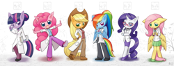 Size: 2100x800 | Tagged: safe, artist:howxu, derpibooru import, applejack, fluttershy, pinkie pie, rainbow dash, rarity, twilight sparkle, anthro, belly button, blushing, chemistry, chibi, clothes, elements of harmony, embarrassed, glasses, high heels, lab coat, mane six, midriff, periodic table, pleated skirt, shoes, skirt, sports bra