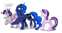 Size: 1280x680 | Tagged: safe, artist:silfoe, derpibooru import, princess luna, starlight glimmer, twilight sparkle, twilight sparkle (alicorn), alicorn, pony, unicorn, do i look angry, female, frown, grumpy, jealous, lesbian, luna is not amused, mare, possessive, royal sketchbook, shipping, simple background, twiluna, white background