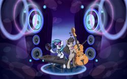 Size: 8000x5000 | Tagged: safe, artist:inowiseei, derpibooru import, dj pon-3, octavia melody, vinyl scratch, earth pony, pony, unicorn, absurd resolution, bipedal, bowtie, cello, headphones, looking at you, musical instrument, record, speakers, sunglasses, turntable, wallpaper