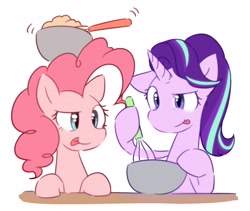 Size: 4093x3458 | Tagged: safe, artist:akainu_pony, pinkie pie, starlight glimmer, earth pony, pony, unicorn, every little thing she does, baking, bonding, cute, diapinkes, duo, female, mare, pinkie being pinkie, simple background, tongue out