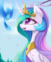 Size: 1600x1940 | Tagged: safe, artist:magnaluna, derpibooru import, princess celestia, alicorn, bird, pony, :d, chest fluff, cute, cutelestia, female, mare, open mouth, solo