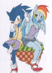 Size: 2500x3501 | Tagged: safe, artist:mohawkrex, derpibooru import, rainbow dash, anthro, crossover, crossover shipping, female, interspecies, male, shipping, sonic the hedgehog, sonic the hedgehog (series), sonicdash, straight