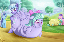 Size: 1950x1300 | Tagged: safe, artist:c-adepsy, cloudchaser, flitter, minuette, sunshower raindrops, earth pony, pegasus, pony, unicorn, blushing, facehoof, fat, female, mare, morbidly obese, obese, on back, sweat