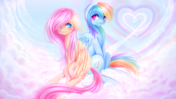 Size: 1920x1080 | Tagged: safe, artist:x-piiu, fluttershy, rainbow dash, pegasus, pony, cloud, cute, dashabetes, female, flutterdash, heart, lesbian, looking at each other, looking back, mare, on a cloud, rainbow, shipping, shyabetes, sitting