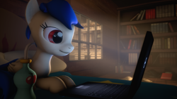 Size: 3840x2160 | Tagged: safe, artist:giz sh, oc, oc only, pegasus, pony, 3d, apple juice, book, bookcase, computer, juice, laptop computer, solo