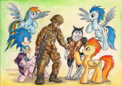 Size: 2312x1629 | Tagged: safe, artist:souleatersaku90, derpibooru import, rainbow dash, soarin', spitfire, twilight sparkle, oc, oc:fox trot, anthro, human, pony, anthro with ponies, commission, crossover, self insert, soldier, sonic the hedgehog, sonic the hedgehog (series), traditional art, watercolor painting