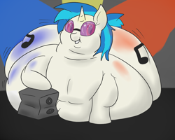 Size: 1000x800 | Tagged: safe, artist:watertimdragon, dj pon-3, vinyl scratch, pony, unicorn, belly, chubby cheeks, double chin, fat, impossibly large butt, jiggle, morbidly obese, obese, plot, solo, speaker, vinyl fat, wub-tub