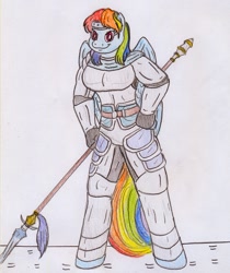 Size: 848x1011 | Tagged: safe, artist:jose-ramiro, derpibooru import, rainbow dash, anthro, pegasus, armor, deviantart, dynasty warriors, smiling, solo, spear, weapon, zhao yun