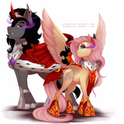 Size: 4600x4585 | Tagged: safe, artist:evehly, derpibooru import, fluttershy, king sombra, pegasus, pony, unicorn, absurd resolution, clothes, couple, cute, eyeshadow, fangs, female, horseshoes, makeup, male, queen, queen fluttershy, shipping, simple background, sombrashy, spread wings, straight, white background