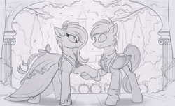 Size: 1900x1158 | Tagged: safe, artist:yakovlev-vad, derpibooru import, oc, oc only, pegasus, pony, clothes, dress, female, male, monochrome, sketch, straight