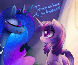 Size: 1599x1322 | Tagged: safe, artist:magnaluna, derpibooru import, princess luna, twilight sparkle, alicorn, pony, unicorn, alternate universe, blushing, chest fluff, cute, dialogue, eyes closed, female, lesbian, mare, open mouth, shipping, story in the comments, twiluna