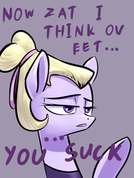 Size: 1050x1400 | Tagged: safe, artist:underpable, derpibooru import, hoofer steps, pony, on your marks, accent, dialogue, female, mare, reaction image, solo, that was fast, unamused