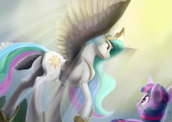 Size: 4800x3393 | Tagged: safe, artist:silfoe, derpibooru import, princess celestia, twilight sparkle, alicorn, pony, unicorn, crepuscular rays, female, filly, filly twilight sparkle, majestic, mare, praise the sun, spread wings, sunbutt, younger