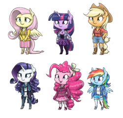 Size: 1600x1529 | Tagged: safe, artist:king-kakapo, derpibooru import, applejack, fluttershy, pinkie pie, rainbow dash, rarity, twilight sparkle, anthro, unguligrade anthro, alternate hairstyle, arm hooves, boots, chibi, clothes, cloven hooves, dress, earring, frilly dress, high heels, hoodie, hoof hands, jacket, mane six, necklace, off shoulder, off shoulder sweater, pants, pantyhose, piercing, plaid, ribbon, scarf, shoes, short hair, shorts, skirt, sneakers, socks, suspenders, sweater, tongue out, unshorn fetlocks, watch