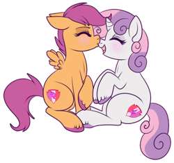 Size: 522x489 | Tagged: source needed, safe, artist:lulubell, derpibooru import, scootaloo, sweetie belle, blushing, cutie mark, female, kissing, lesbian, nose kiss, scootabelle, shipping, simple background, the cmc's cutie marks, transparent background, unshorn fetlocks