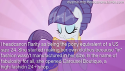 Size: 1280x720 | Tagged: safe, rarity, pony, unicorn, clothes, diverse-mlp-headcanons, dress, fat, headcanon, morbidly obese, obese, solo, telling lies, text, wat, wish fulfillment