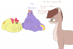 Size: 1500x1000 | Tagged: safe, artist:calorie, apple bloom, oc, oc:calorie, oc:roe, deer, apple blob, bhm, blob, calorie, fat, immobile, morbidly obese, obese, roe and calorie: two and a half stallions