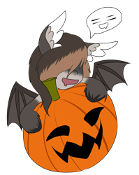 Size: 2448x3072 | Tagged: safe, artist:otpl, oc, oc only, oc:whimsy whisky, bat pony, pony, cute, drool, ear fluff, ear tufts, female, food, hair over eyes, halloween, happy, hidden eyes, holiday, hug, jack-o-lantern, mare, ocbetes, open mouth, pictogram, pumpkin, simple background, smiling, solo, speech bubble, spread wings, transparent background, unshorn fetlocks, wings