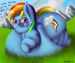 Size: 975x820 | Tagged: safe, artist:php33, rainbow dash, pegasus, pony, fat, immobile, morbidly obese, obese, overweight, rainblob dash, solo, weight gain