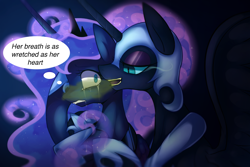 Size: 1200x800 | Tagged: source needed, safe, artist:maren, derpibooru import, edit, nightmare moon, princess luna, alicorn, pony, bad breath, bedroom eyes, crying, duality, gritted teeth, holding, open mouth, scared, smiling, wide eyes