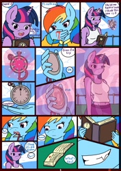 Size: 850x1200 | Tagged: safe, artist:linedraweer, derpibooru import, rainbow dash, twilight sparkle, twilight sparkle (alicorn), anthro, comic:your time in my hands, belly button, blood, book, broken, clothes, comic, evil grin, grin, imminent rape, implied rape, levitation, magic, midriff, nosebleed, outdoors, rapeface, reading, stopwatch, tanktop, telekinesis, time stop, warning