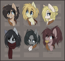 Size: 1600x1511 | Tagged: safe, artist:tenebristayga, annie leonhardt, armin arlert, attack on titan, eren jaeger, levi ackerman, mikasa ackerman, ponified, sasha braus