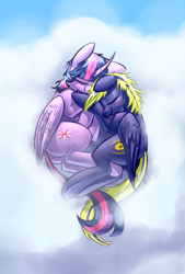 Size: 1200x1776 | Tagged: safe, artist:underpable, derpibooru import, twilight sparkle, twilight sparkle (alicorn), oc, oc:zephyr, alicorn, pony, canon x oc, cloud, cuddling, eyes closed, female, mare, on side, shipping, snuggling, twiphyr