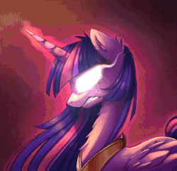 Size: 519x500 | Tagged: safe, artist:equum_amici, artist:magnaluna, derpibooru import, twilight sparkle, twilight sparkle (alicorn), alicorn, pony, angry, animated, chest fluff, cinemagraph, crying, fangs, female, fluffy, glare, glowing eyes, gritted teeth, immortality blues, mare, older, rage, regalia, solo