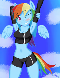 Size: 3312x4320 | Tagged: safe, artist:ramoncrimson935, derpibooru import, rainbow dash, anthro, armpits, belly button, blushing, clothes, compression shorts, grin, midriff, solo, sports bra, sports shorts, stretching