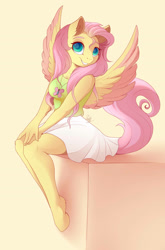 Size: 2000x3028 | Tagged: safe, artist:evehly, derpibooru import, fluttershy, anthro, pegasus, unguligrade anthro, clothes, colored wings, colored wingtips, cute, female, grin, looking at you, necklace, shyabetes, sitting, skirt, smiling, solo, tanktop