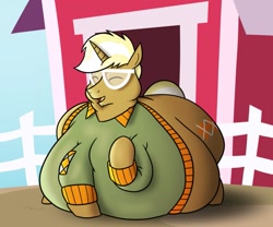 Size: 979x816 | Tagged: dead source, safe, artist:irateliterate, trenderhoof, bhm, clothes, eyes closed, fat, glasses, obese, smiling, solo, sweater