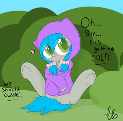 Size: 2954x2909 | Tagged: safe, artist:laptopbrony, oc, oc only, oc:darcy sinclair, blushing, clothes, cute, dialogue, hair bow, heart, hoodie, looking at you, sitting, solo, underhoof