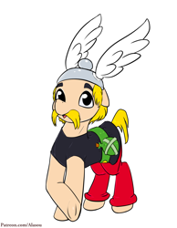 Size: 1050x1350 | Tagged: dead source, safe, artist:alasou, derpibooru import, earth pony, pony, asterix, clothes, crossover, male, moustache, patreon, ponified, simple background, solo, species swap, stallion, white background, winged helmet