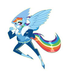Size: 1280x1549 | Tagged: safe, artist:meb90, derpibooru import, rainbow dash, anthro, plantigrade anthro, blushing, clothes, female, flying, looking at you, one eye closed, pointing, raised eyebrow, simple background, smiling, solo, spread wings, white background, wings
