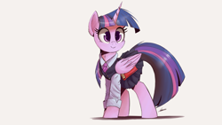 Size: 2500x1406 | Tagged: safe, artist:ncmares, twilight sparkle, twilight sparkle (alicorn), alicorn, pony, adorkable, book, clothes, colored pupils, cute, dork, female, long sleeves, looking at something, mare, neck fluff, necktie, pleated skirt, school uniform, schoolgirl, shadow, shirt, signature, simple background, skirt, skirt lift, smiling, solo, style emulation, twiabetes, vest, white background, wing hold