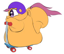 Size: 770x640 | Tagged: safe, artist:calorie, scootaloo, belly, belly bed, colored sketch, extra plump chicken, fat, fat ass, helmet, impossibly large belly, large belly, large butt, morbidly obese, obese, scooter, small wings, solo