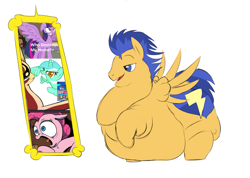 Size: 1189x847 | Tagged: safe, artist:calorie, flash sentry, lyra heartstrings, pinkie pie, twilight sparkle, twilight sparkle (alicorn), alicorn, earth pony, pony, accepted meme that never ends, angry, bhm, exploitable meme, fat, fat sentry, female, flab sentry, mare, meme, mirror, morbidly obese, obese, surprise door, the meme that never ends, who destroyed twilight's home